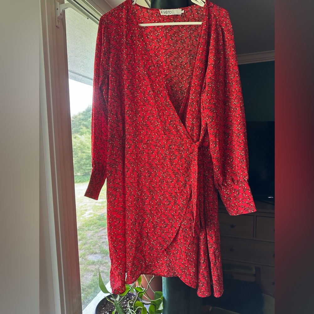 Vero Red Asymmetrical Wrap Dress with Bishop Sleeves